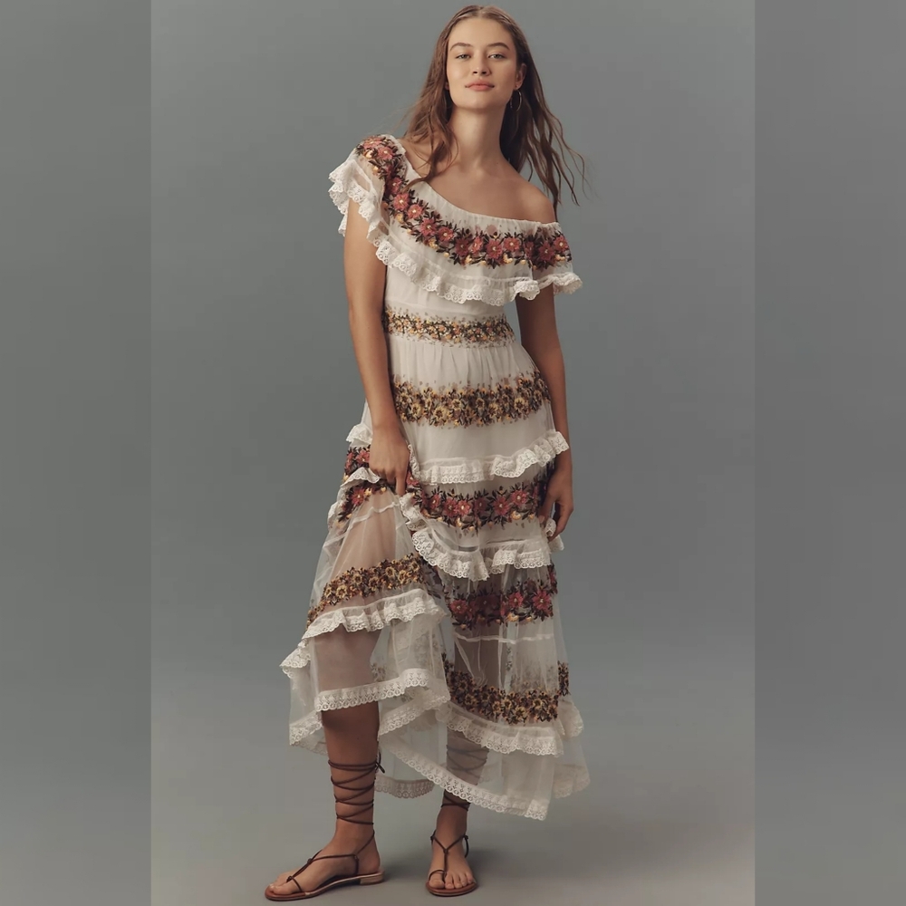 White Off-Shoulder Floral Tiered Maxi Dress